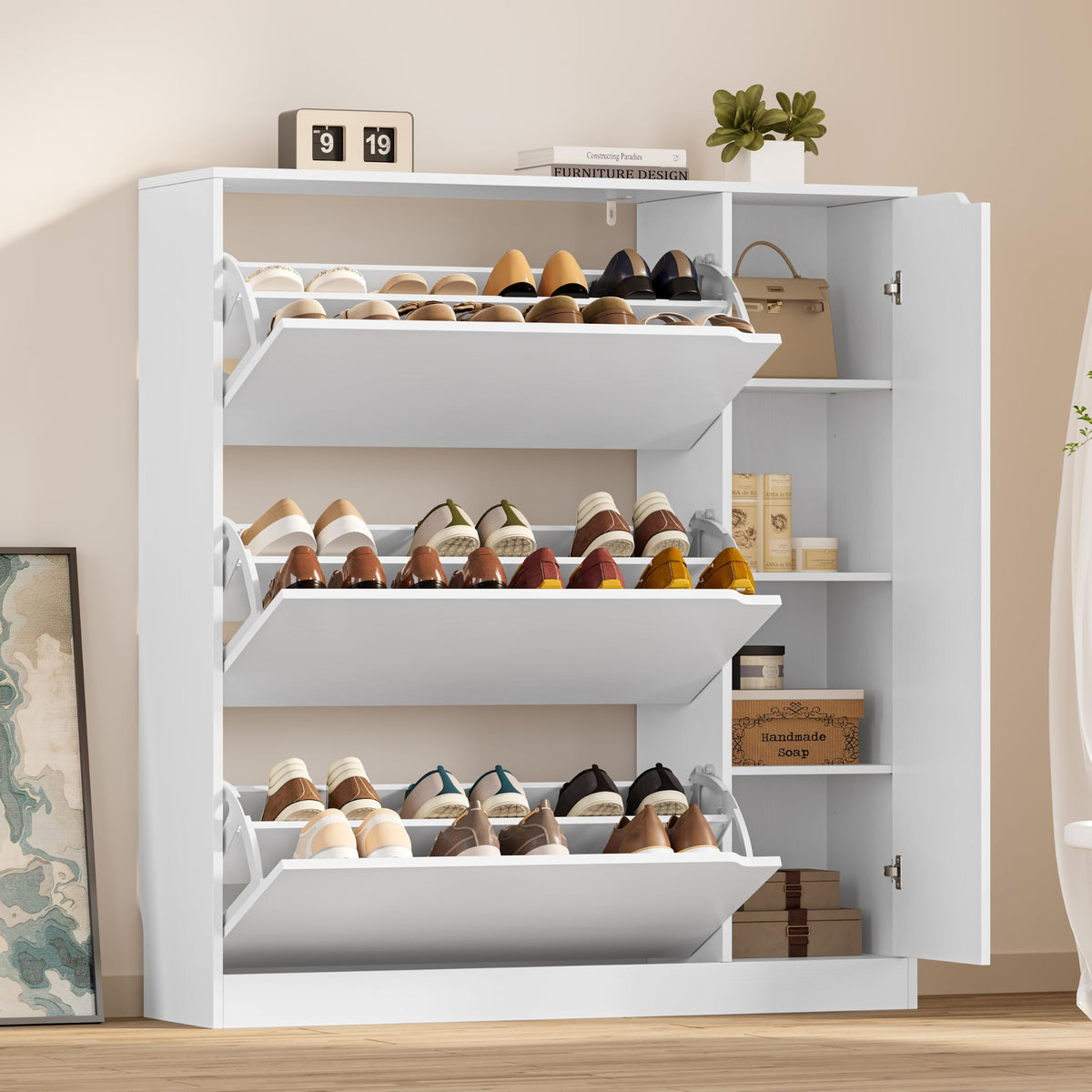 BORNOON Shoe Cabinet with 3 Flip Drawers, Hidden Wood Shoe Cabinet,Freestanding Shoe Storage Cabinet for Entryway Hallway.White. 47.2" H*31.5" W*9.45" D.