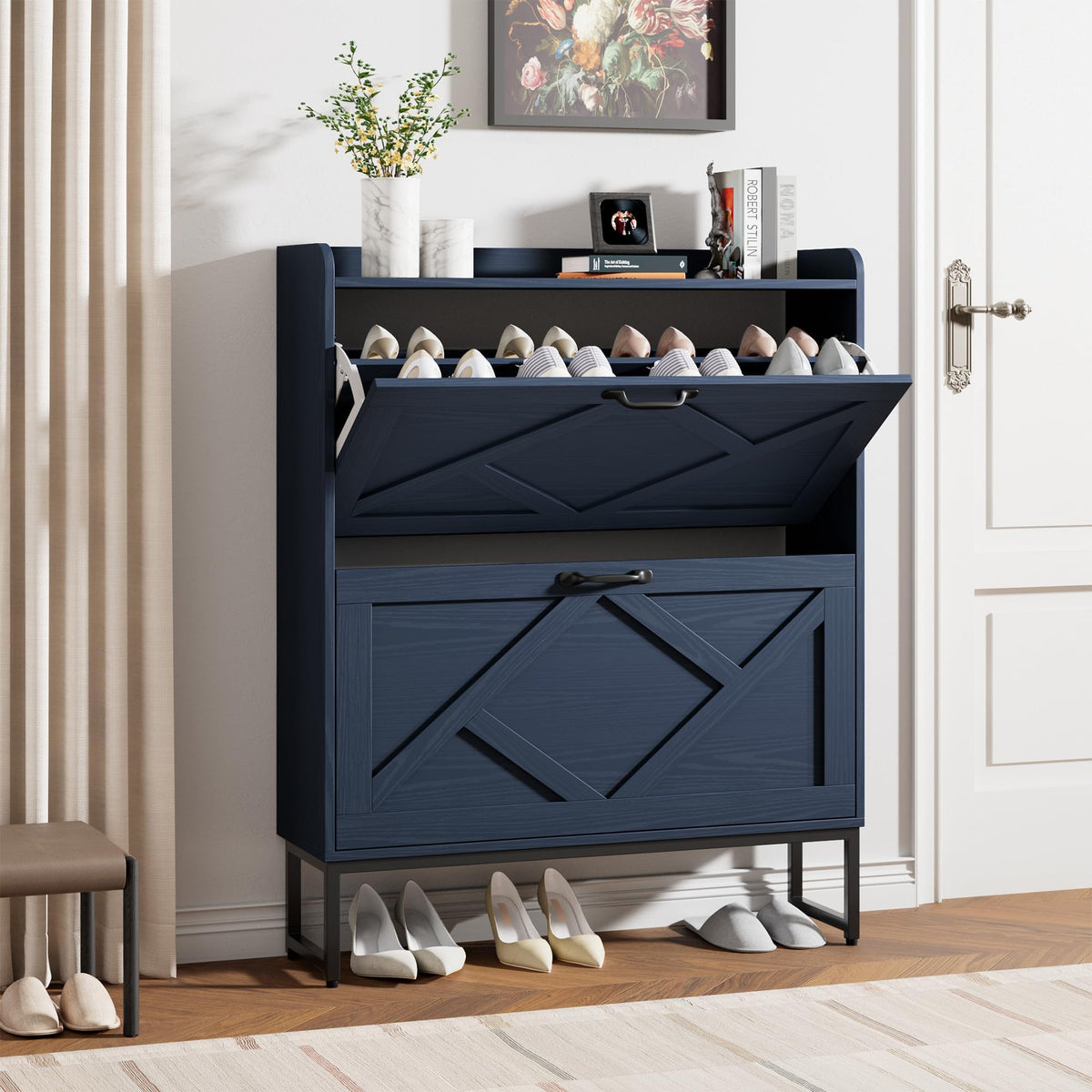 Nicetree Shoe Storage Cabinet with 2 Flip Drawers, Freestanding Wood Shoe Organizer with Metal Legs, Farmhouse Slim Shoe Rack for Entryway, Foyer, Hallway, Rustic Brown