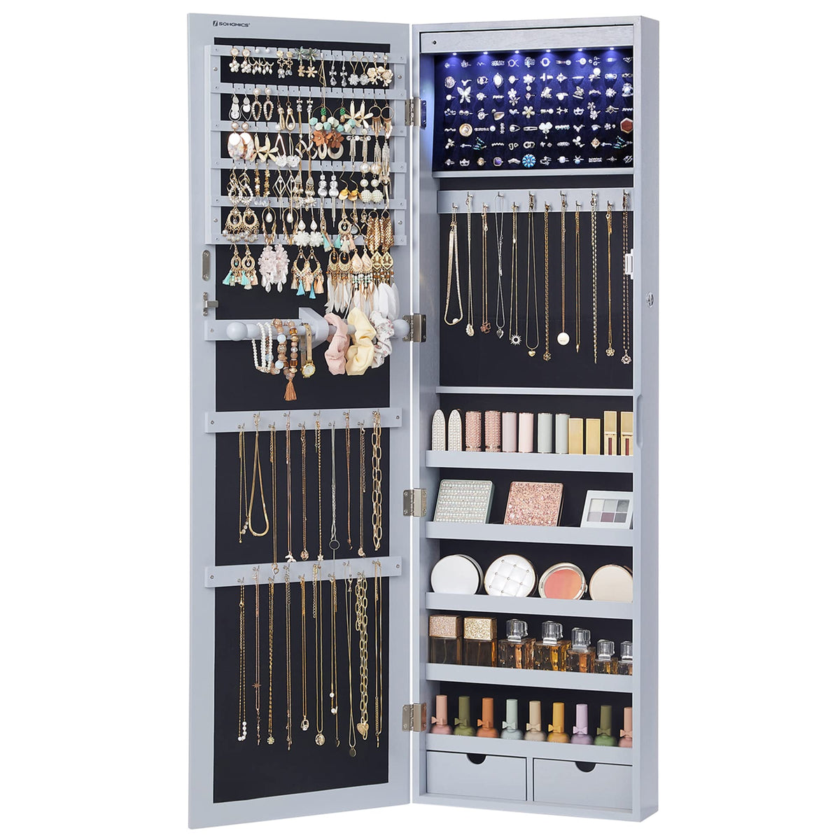 SONGMICS 6 LEDs Mirror Jewelry Cabinet, 47.2-Inch Tall Lockable Wall or Door Mounted Jewelry Armoire Organizer with Mirror, 2 Drawers, 3.9 x 14.6 x 47.2 Inches, White UJJC93W