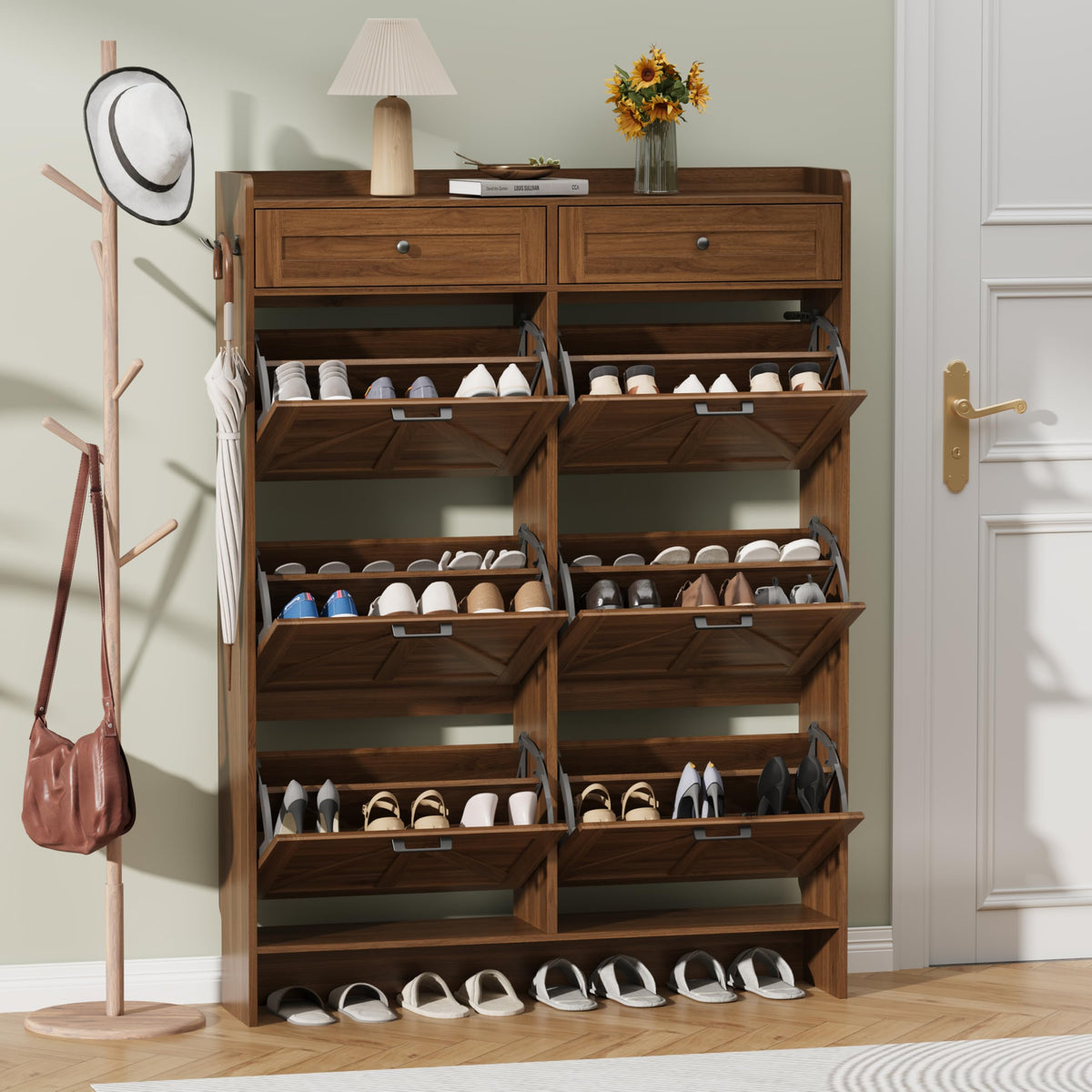 Thacuok Black Shoe Cabinet with 2 Flip Drawers & 2 Storage Drawers, Rustic Farmhouse Narrow Shoe Organizer Cabinet, Slim Shoe Rack Cabinet, Shoe Storage Cabinet for Entryway, Hallway