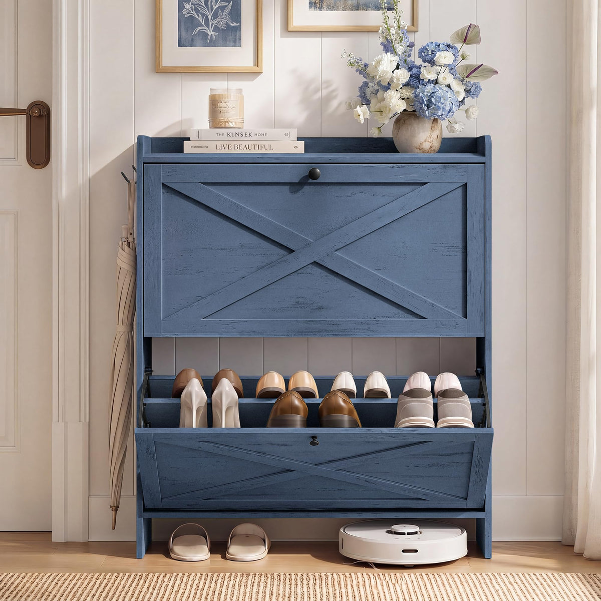 VASAGLE Narrow Shoe Storage Cabinet Organizer with 2 Flip Drawers