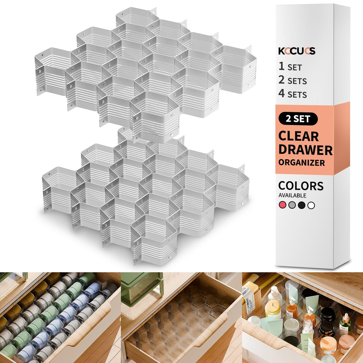 Honeycomb Separator Adjustable Drawer Organizer Divider for Underwear Belt-Scarf Socks Organizer (White(2pcs))