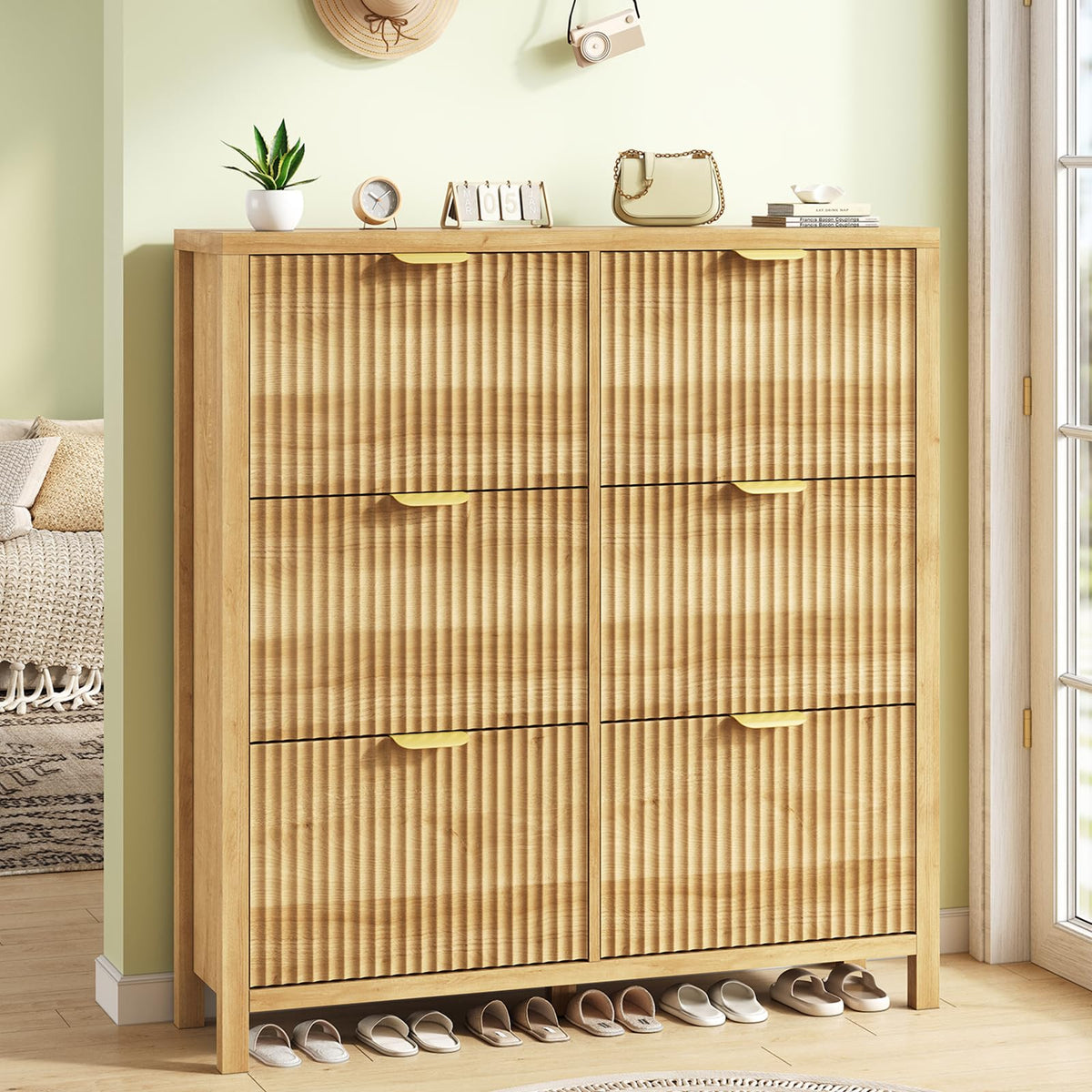 47" Fluted Shoe Cabinet Stoarge with 4 Flip Drawers for Entryway, Hallway