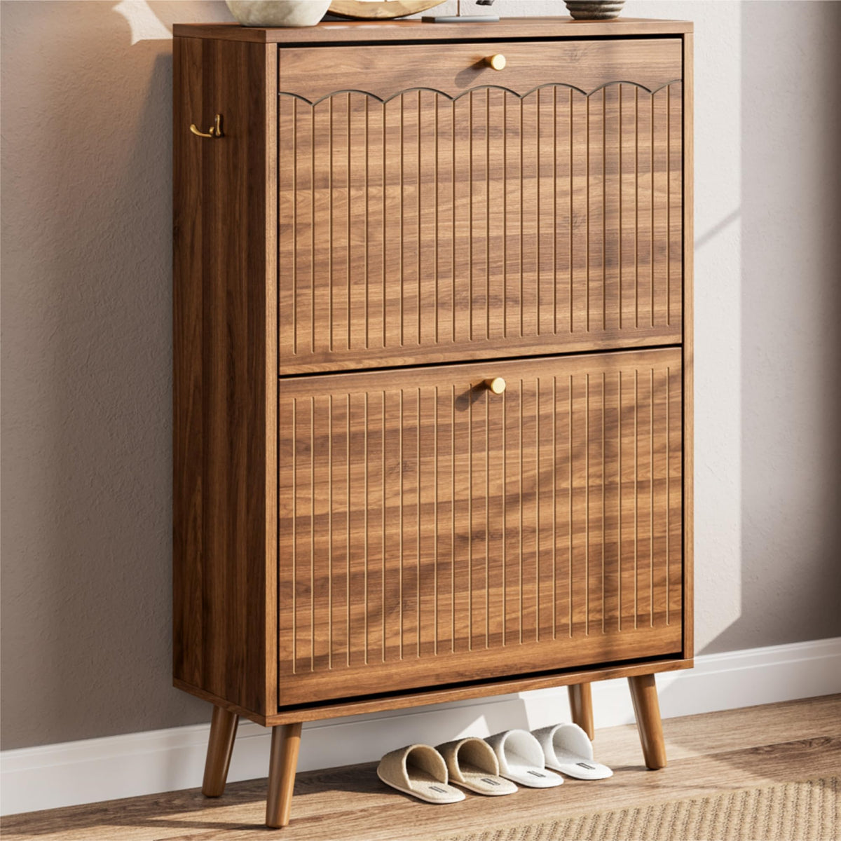 Nicetree Shoe Cabinet, 3 Flip Drawers & Adjustable Shelves, Ultra Slim Freestanding (9.1” Deep), Holds 30 Pairs, Narrow Shoe Storage Cabinet with Anti-Tip Safety, Modern Farmhouse White Walnut
