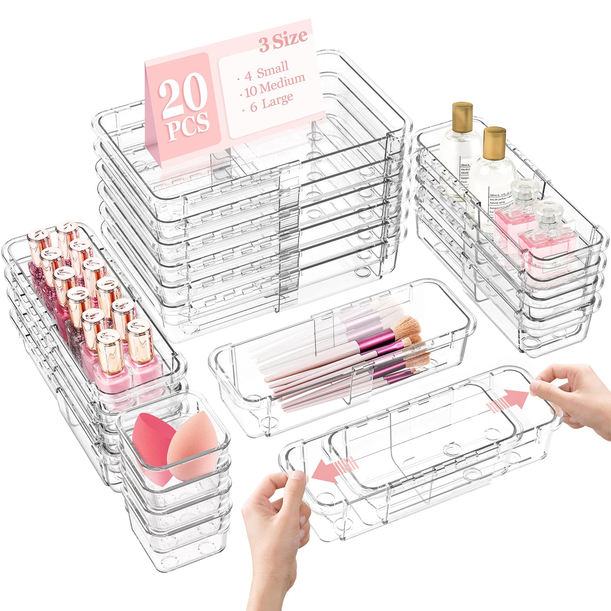 DILIBRA 16 Pcs Clear Extendable Drawer Organizer, Adjustable Drawer Storage