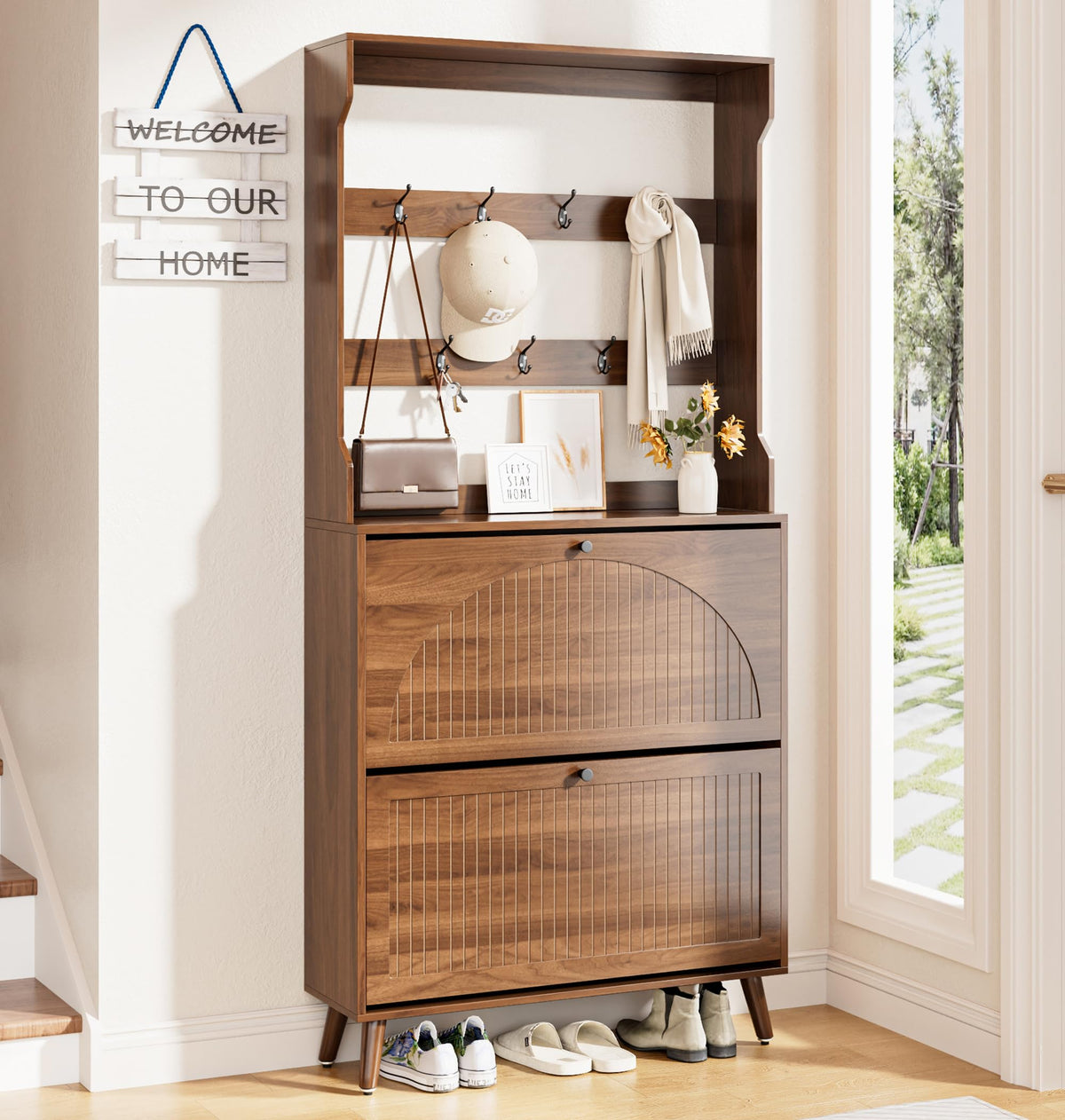 Fsbecl Shoe Storage Cabinet for Entryway with 2 Fluted Flip Drawers, Walnut
