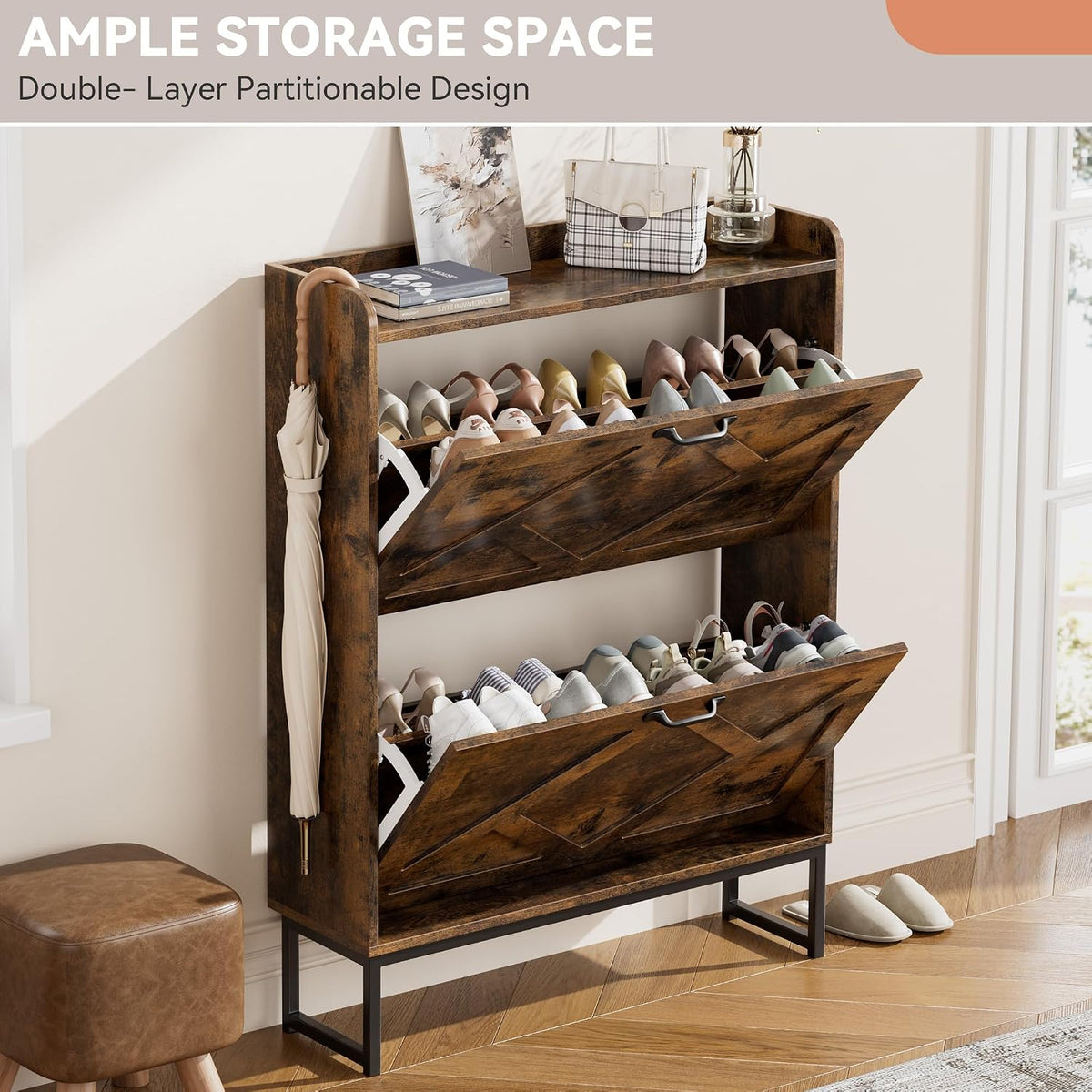 Nicetree Shoe Storage Cabinet with 2 Flip Drawers, Freestanding Wood Shoe Organizer with Metal Legs, Farmhouse Slim Shoe Rack for Entryway, Foyer, Hallway, Rustic Brown