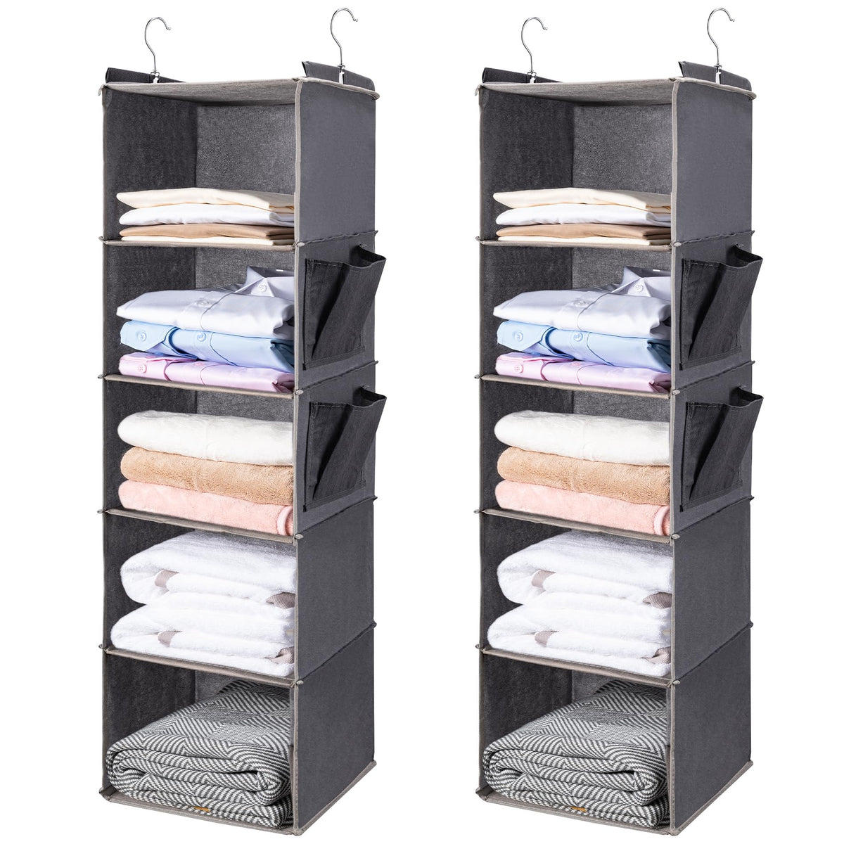 BOOMIBOO Hanging Closet Organize and Shelves,5-Hanging Shelf with 2 Side Pockets,Storage Foldable (Grey)