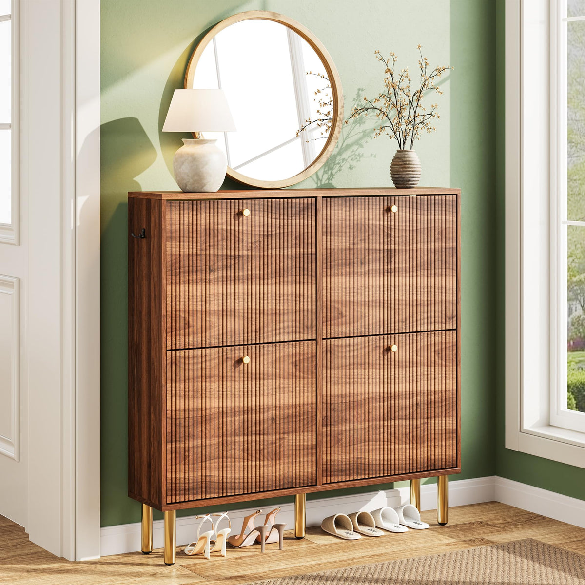 Nicetree Shoe Cabinet, 3 Flip Drawers & Adjustable Shelves, Ultra Slim Freestanding (9.1” Deep), Holds 30 Pairs, Narrow Shoe Storage Cabinet with Anti-Tip Safety, Modern Farmhouse White Walnut