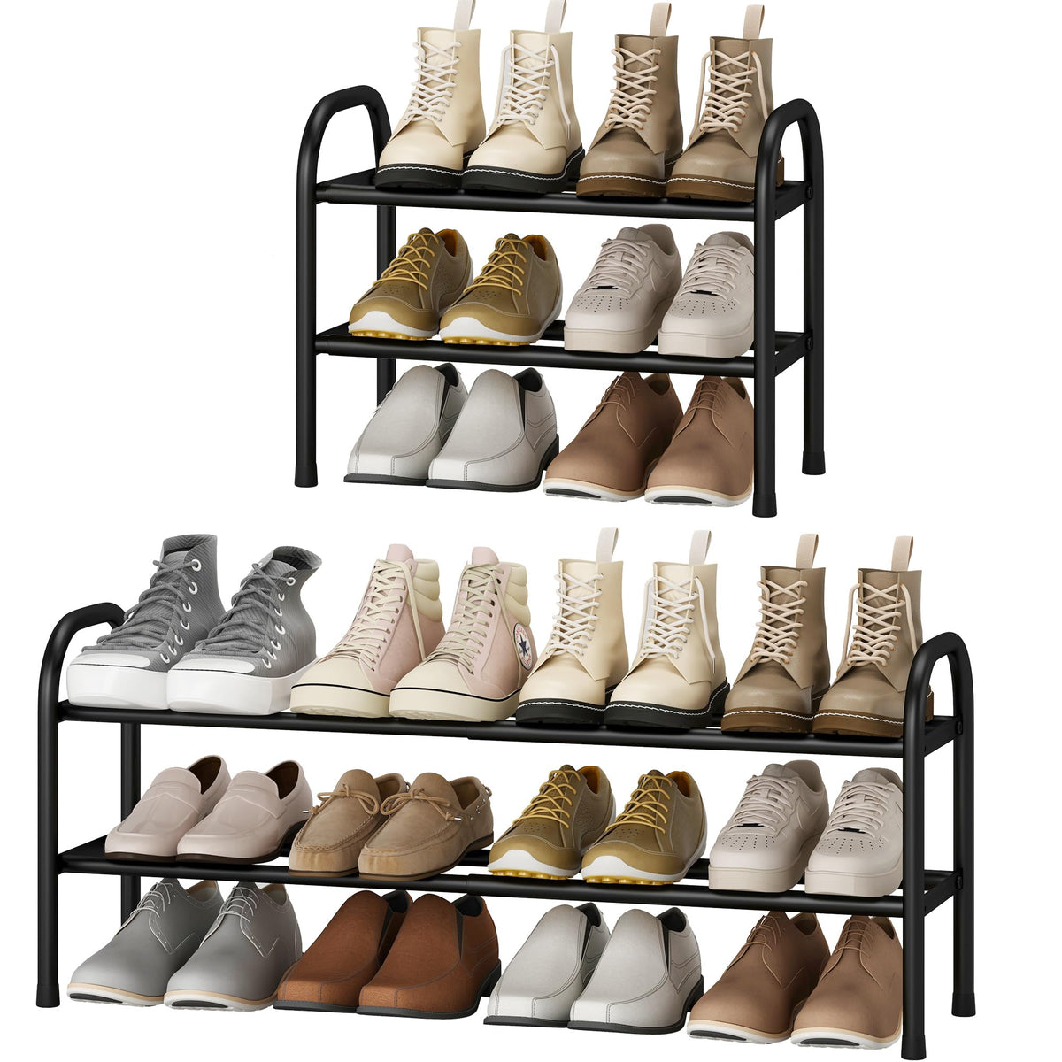 STO STO Expandable Shoe Rack, 3-Tier Metal Small Shoe Rack for Closet, Up to 16 Pairs Adjustable Shoes Racks Storage for Front Door Entrance, Free Standing Shoes Rack Organizer for Entryway, Black