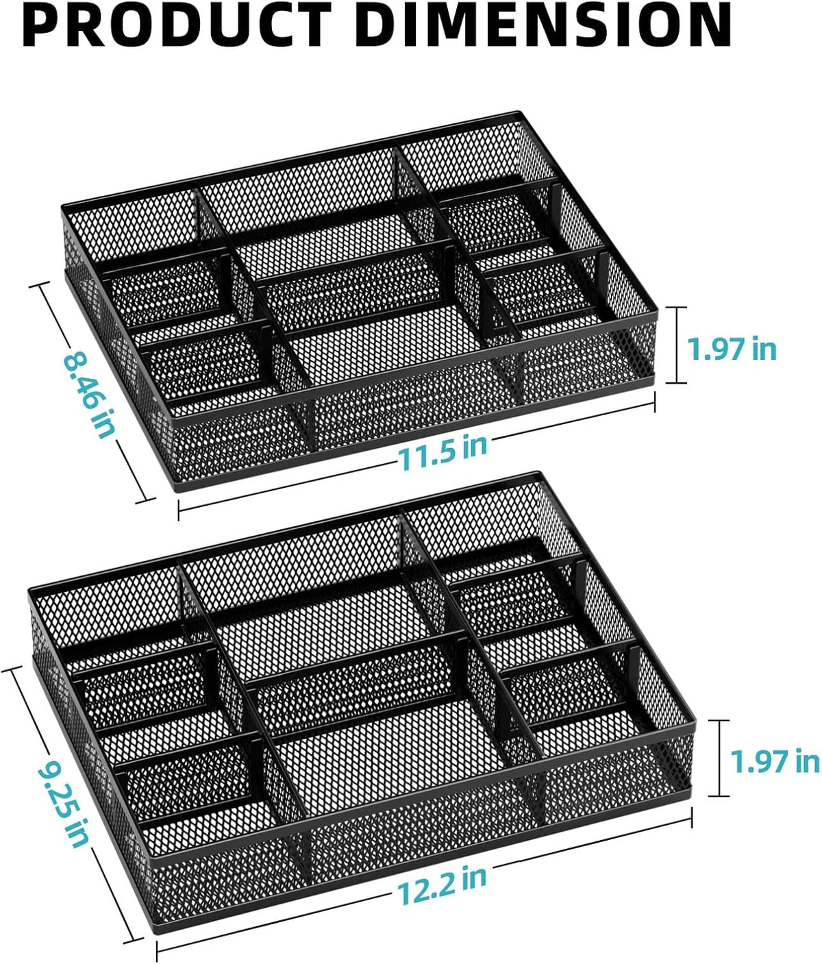 Marbrasse 2 Pack Desk Drawer Organizer, Mesh Drawer Organizer Tray with 8 Adjustable Compartments, Desk Organizers and Accessories, 5 Dividers Drawer for Office Supplies, Makeup & Vanity (Black)