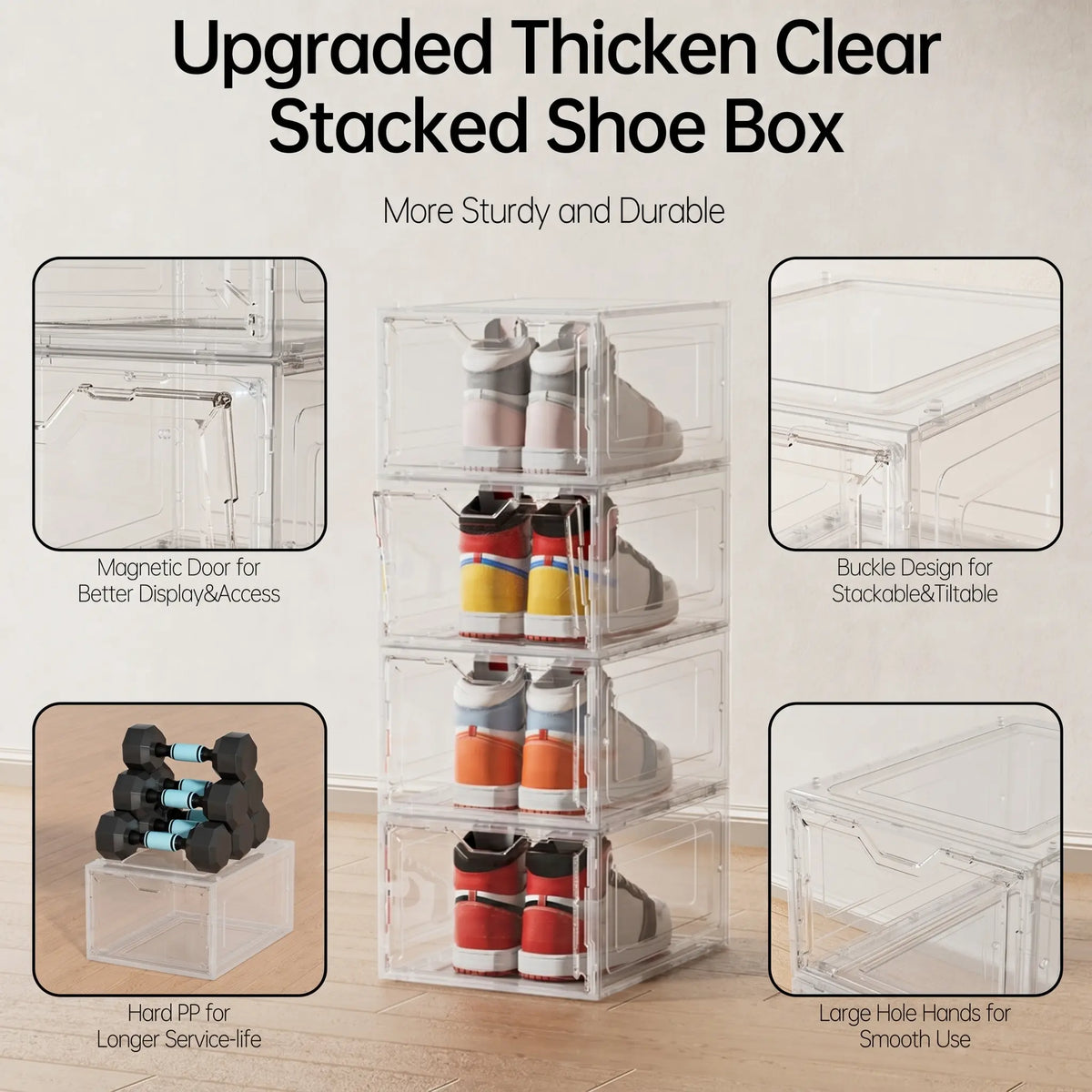 DELAMU 12-Pack Transparent Magnetic Shoe Storage Boxes, Stackable Waterproof Dustproof Organizer, Sturdy Thickened Acrylic, Easy Assembly, for Sneakers, Dorm Room, Bedroom, Shoe Rack Organizer