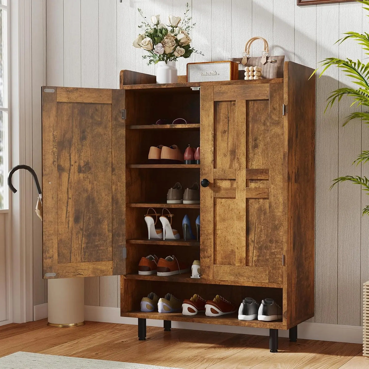 Farmhouse Shoe Cabinet with Doors, 6-Tier Wooden Shoe Organizer with Adjustable Shelves, Entryway Storage Cabinet with Metal Legs, Rustic Shoe Storage for Entryway or Living Room