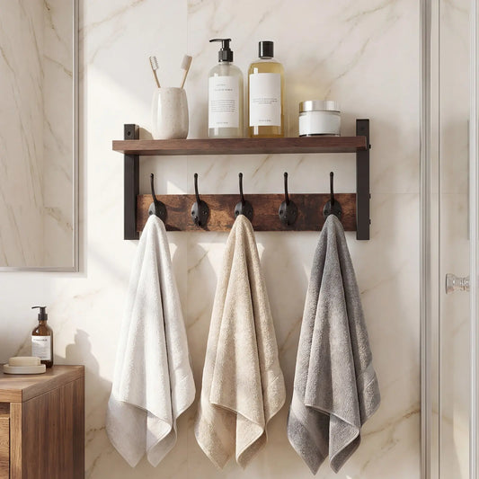 LOVEWE Wood Wall-Mount Coat Rack with Shelf & 5 Tri Hooks, Kitchen Household Organiser with Decor Shelves for Hanging Accessories, Cups, Dinnerware, Hat, Towel, Purse, Jacket