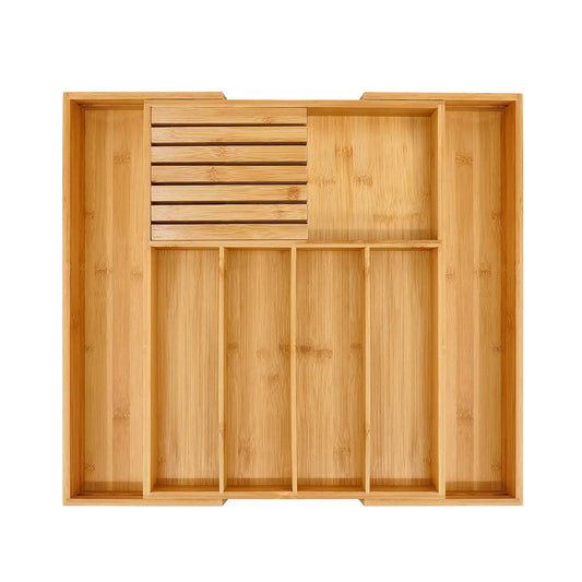 Bamboo Silverware Drawer Organizer Kitchen, Expandable Utensil Organizer with Knife Block, Cutlery Tray with Divider, Multifunctional Wooden Drawer Organizer