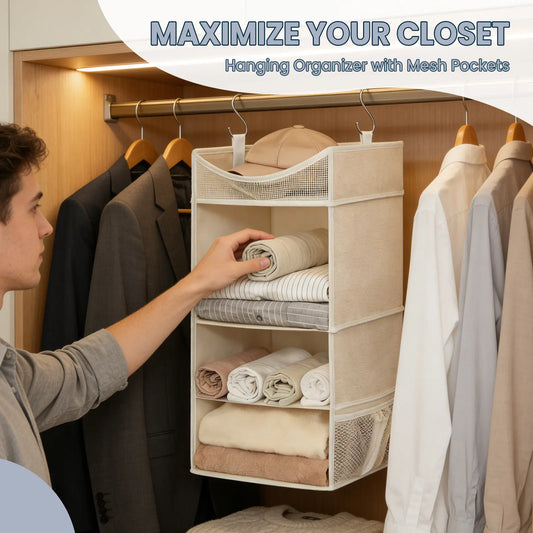 2-Pack 3-Tier Hanging Closet Organizer, Apricot – No-Sag Shelves with Metal Hooks, Maximize Closet Storage for Clothes, Hats & Accessories