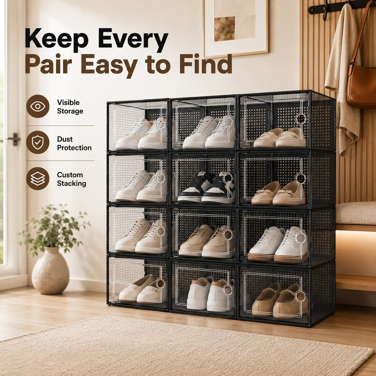 Stackable Plastic Shoe Storage Boxes with Front Flip-Top Design, Black/White Frame, Dustproof Sneaker Display
