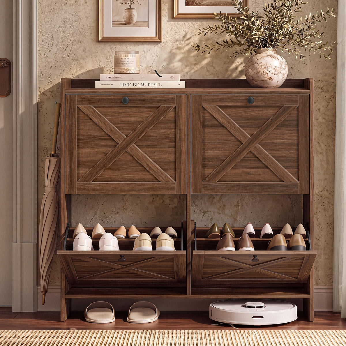 VASAGLE Narrow Shoe Storage Cabinet Organizer with 2 Flip Drawers