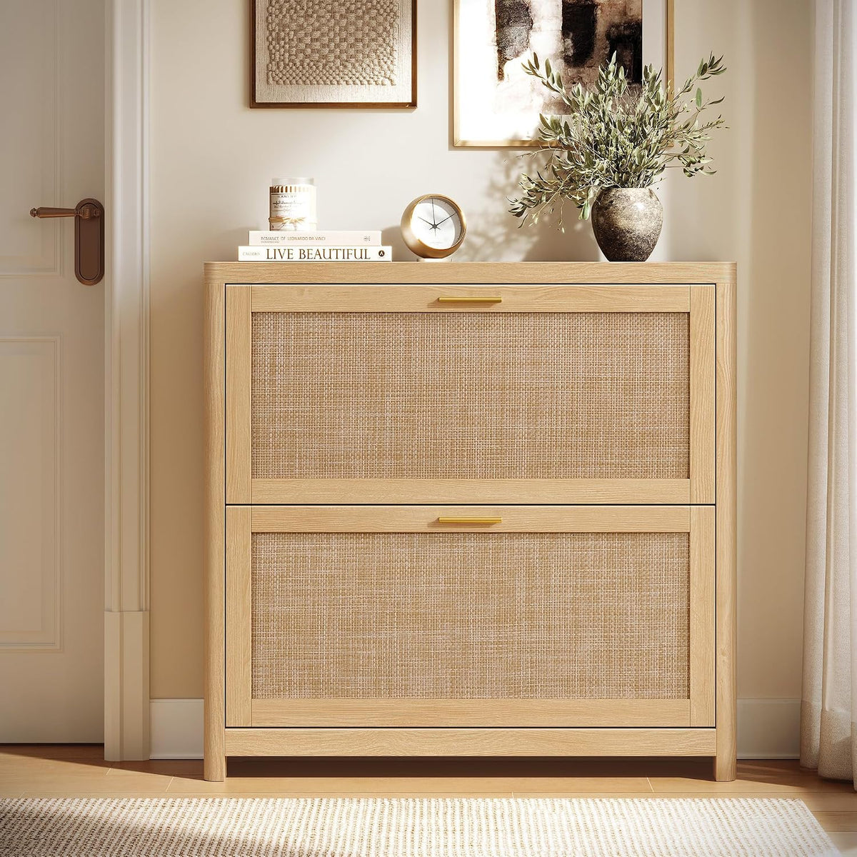 VASAGLE Boho Shoe Storage Cabinet, Slim, Rattan-Look Flip Drawers