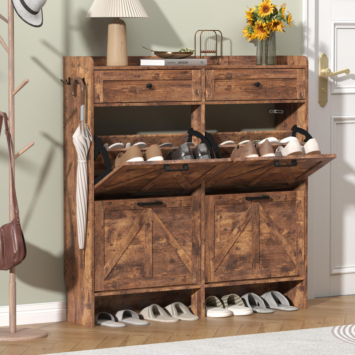 Thacuok Black Shoe Cabinet with 2 Flip Drawers & 2 Storage Drawers, Rustic Farmhouse Narrow Shoe Organizer Cabinet, Slim Shoe Rack Cabinet, Shoe Storage Cabinet for Entryway, Hallway