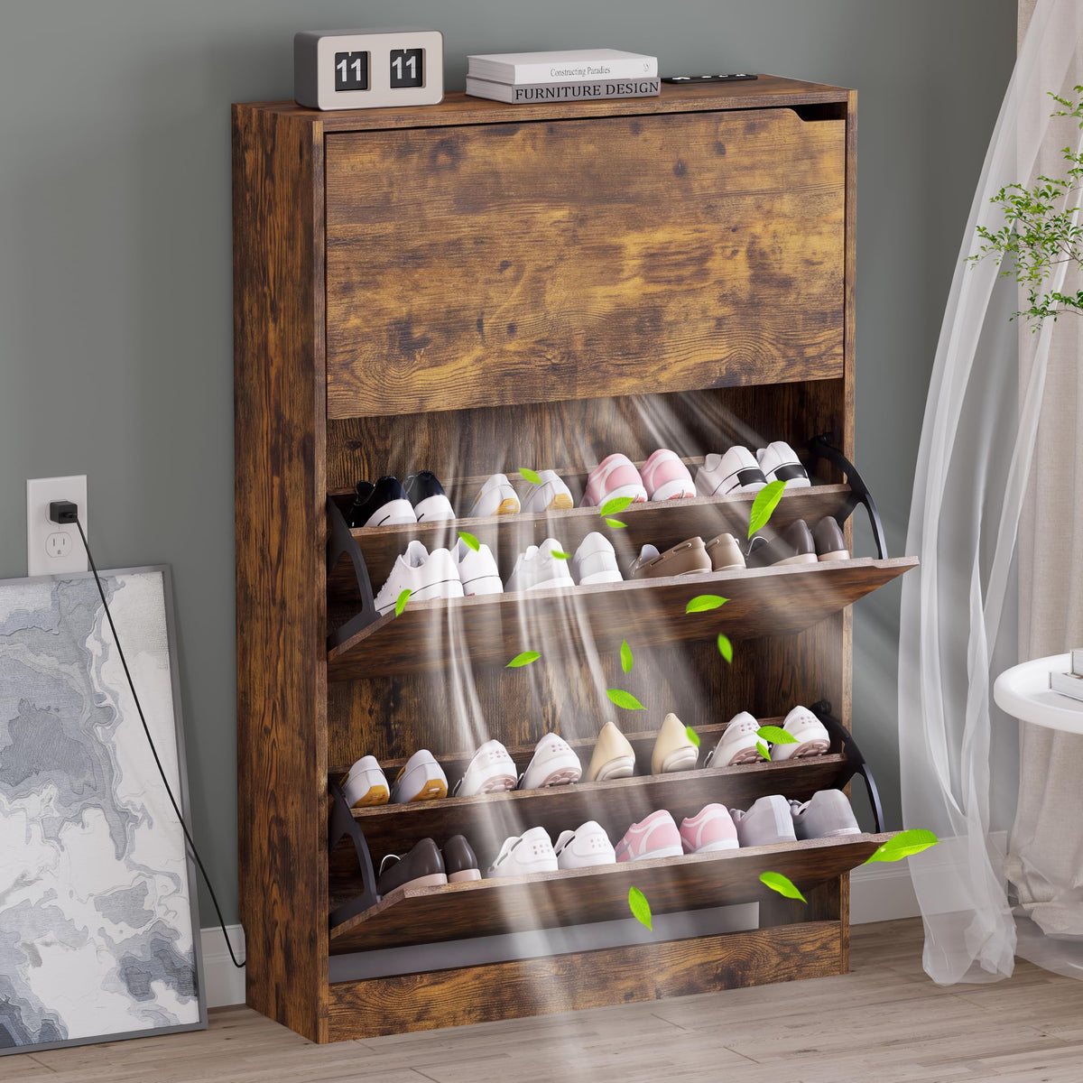 BORNOON Shoe Cabinet with 3 Flip Drawers, Hidden Wood Shoe Cabinet,Freestanding Shoe Storage Cabinet for Entryway Hallway.White. 47.2" H*31.5" W*9.45" D.