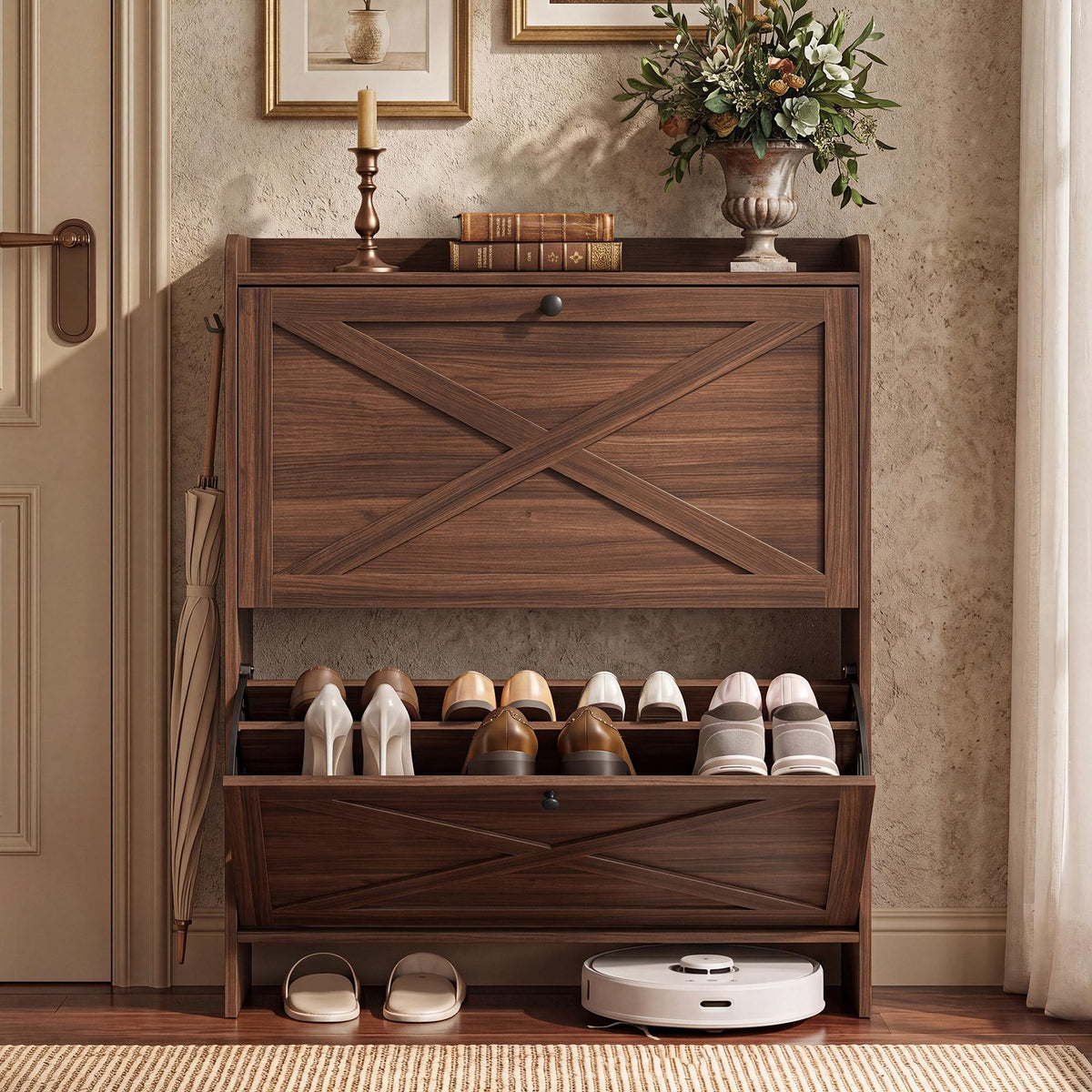 VASAGLE Narrow Shoe Storage Cabinet Organizer with 2 Flip Drawers