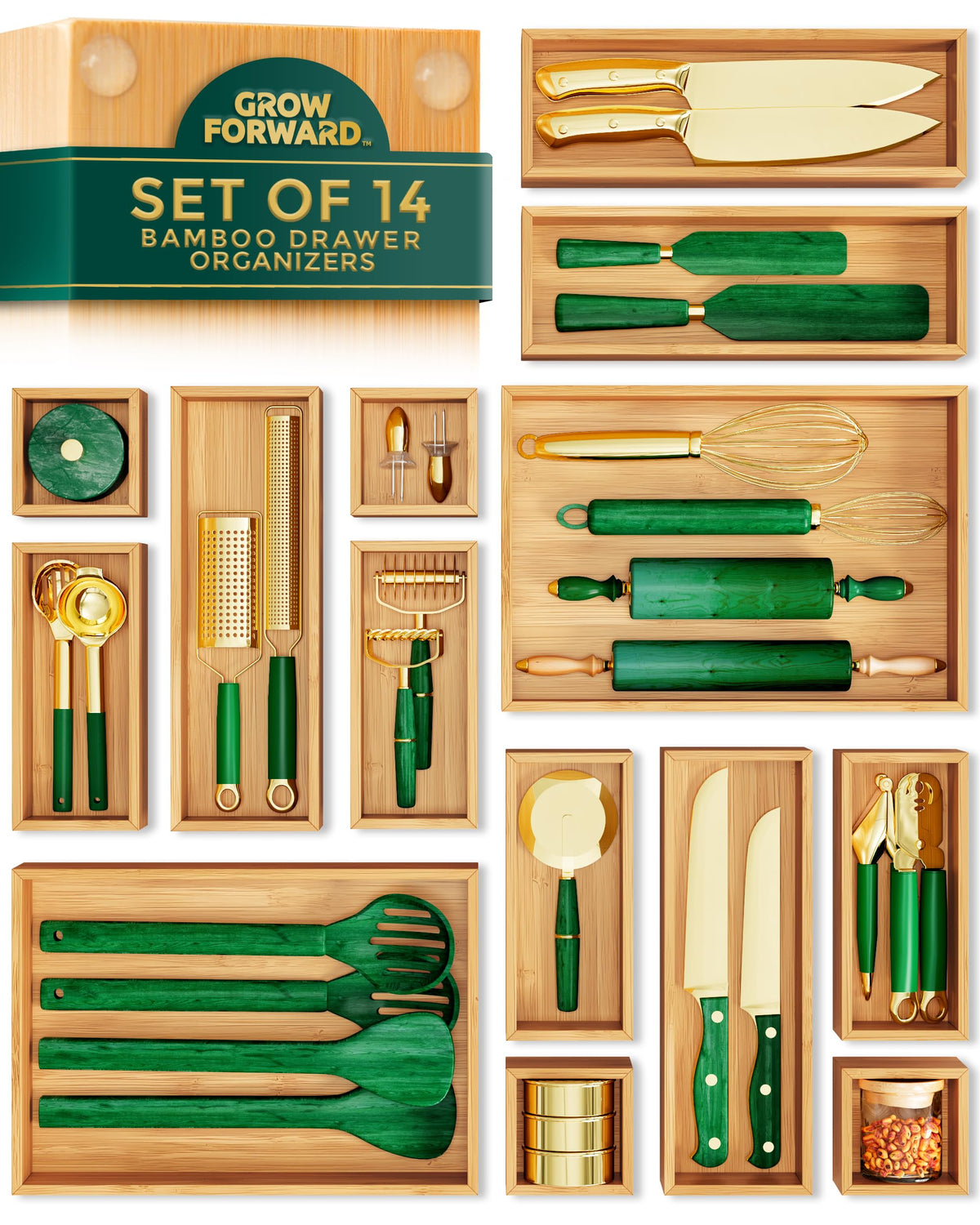 Grow Forward Bamboo Drawer Organizer Boxes - Set of 21 Wooden Drawer Organizers for Kitchen, Bathroom, Office, Desk, Vanity, Makeup - Non-Slip Junk Drawer Organizer Trays for Storage and Organization