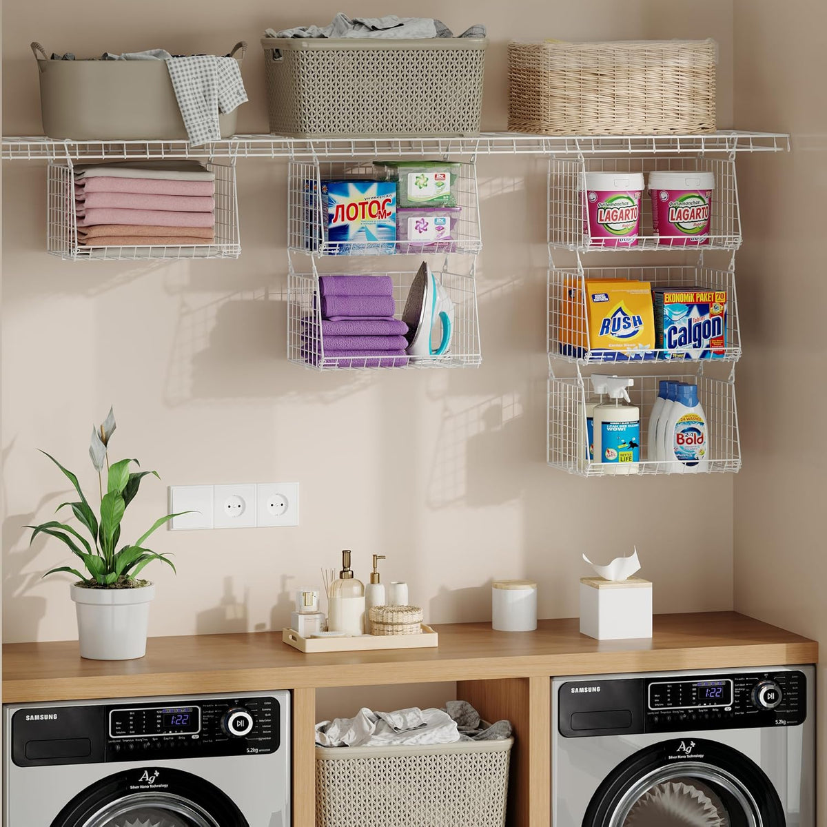 3-Tier Hanging Laundry Basket Organizer:Foldable Wire Shelf Laundry Room Organizer with 360°Rotating Hooks Small Space Solutions Closet Hanging Organizer - Laundry Organization, White Patent