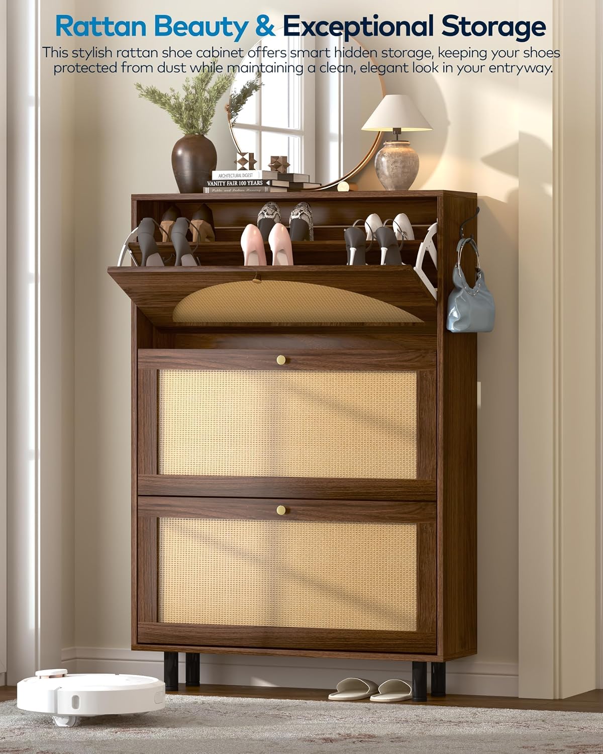 Shoe Cabinet with 3 Flip Drawers, Rattan Slim Narrow Freestanding Hidden