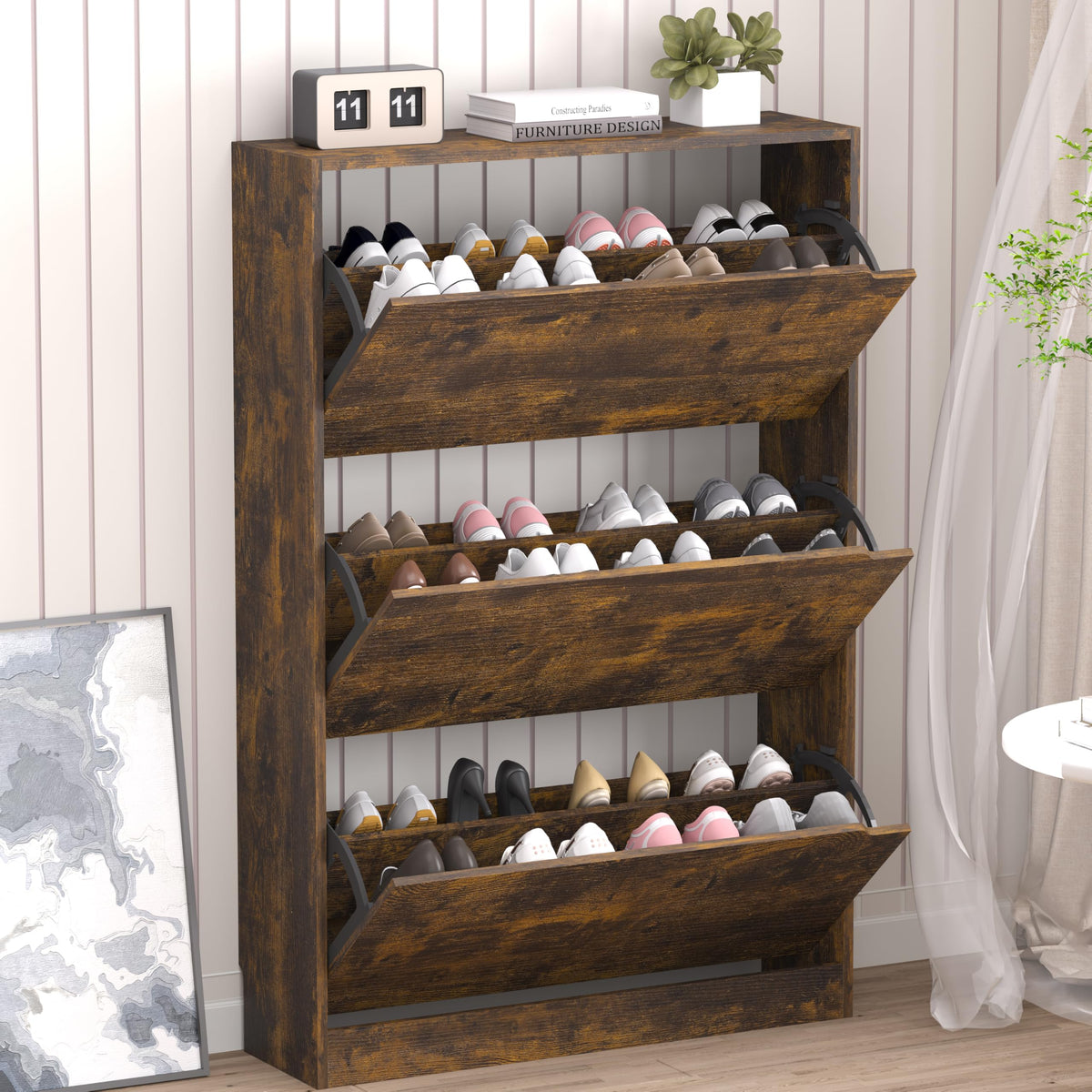 BORNOON Shoe Cabinet with 3 Flip Drawers, Hidden Wood Shoe Cabinet,Freestanding Shoe Storage Cabinet for Entryway Hallway.White. 47.2" H*31.5" W*9.45" D.