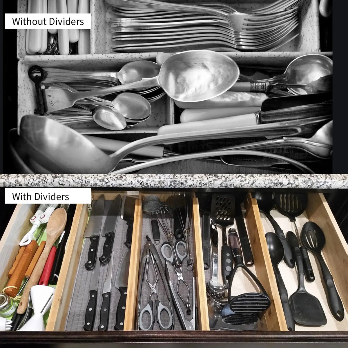 Bamboo Kitchen Drawer Dividers, Drawers for Bedroom, Kitchen, Dresser, Bathroom, Desk Bamboo Adjustable Sock Drawer Organizer, Spring Loaded, Kitchen Drawer Dividers,