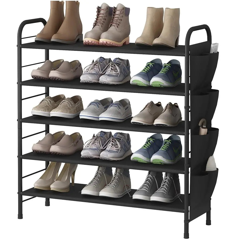 SUOERNUO Stable 4-Tier Vertical Shoe Rack Organizer - Free-Standing Iron + Fabric Shelf with Side Bag, Holds 9-12 Pairs, 10-15 kg Capacity, Bronze Organizer Storage for Entryway Bedroom, Small Room Organization