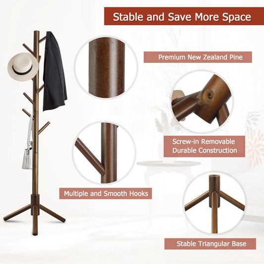 Wooden Coat Rack, Free Standing Coat Rack with 8 Hooks 3 Adjustable Heights for Clothes, Hats, Handbags, Coat Tree Easy Assembly for Entryway, Bedroom, Hallway, Office Minimal Organizer Living Room Storage Home Interior Organizing