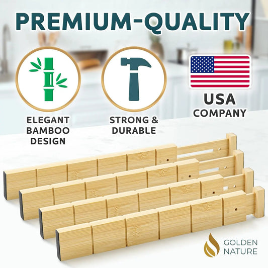Golden Nature Bamboo Expandable Drawer Organizer Set - Sturdy 17-22 in Spring-Loaded Adjustable Dividers, Inserts, Labels, EVA Material, Racks for Kitchen Utensils, Vanity Storage (Organization Ideas Included)