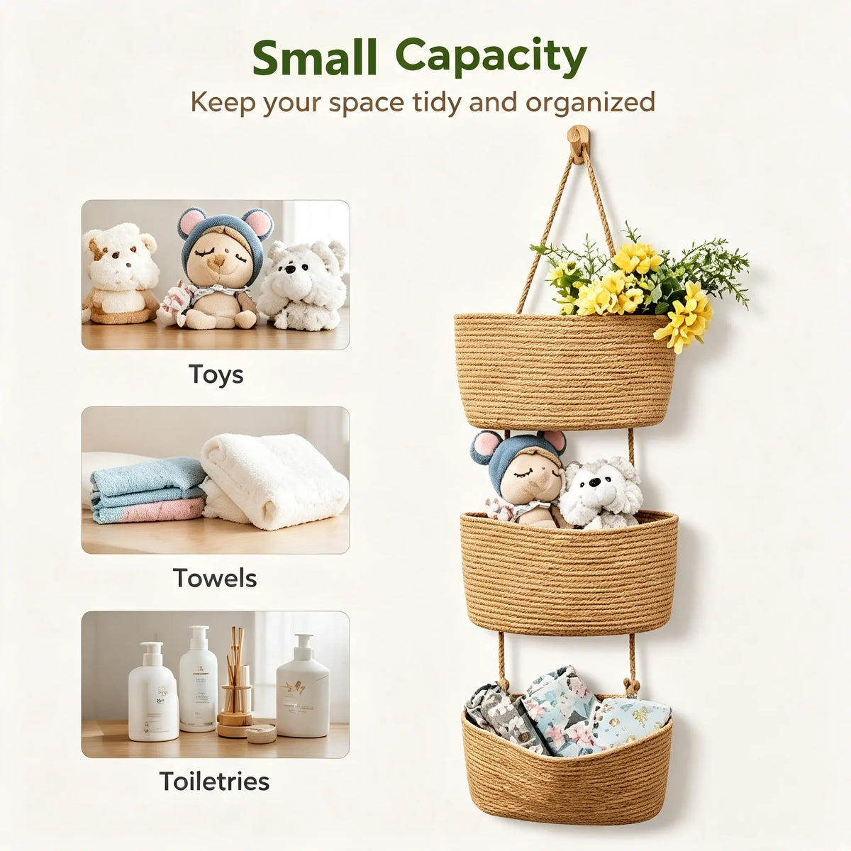 Woven Cotton 3-Tier Over-The-Door Wall-Mountable Storage Basket with Handles - 11in Home Accessory for Beauty & Daily Necessities Room Storage, French Country Organizer