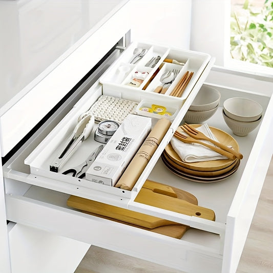 Adjustable Drawer Divider, Expandable Pull-Out Basket for Kitchen Utensil Storage, Thin Cabinet Organizer with Upper and Lower Tiers