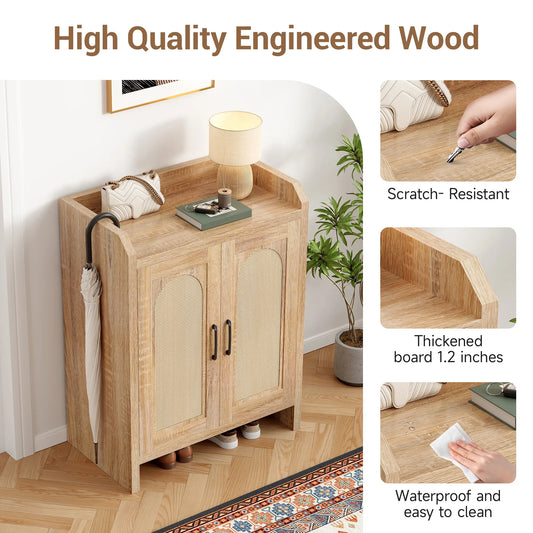 Natural Rattan Shoe Cabinet with Doors, 4-Tier Wooden Shoe Organizer, Shoe Storage Cabinet with Adjustable Shelves, Shoe Cabinet Storage for Entryway,Hallway, Living Room, Bedroom,Closet,dorm essentials,home decor