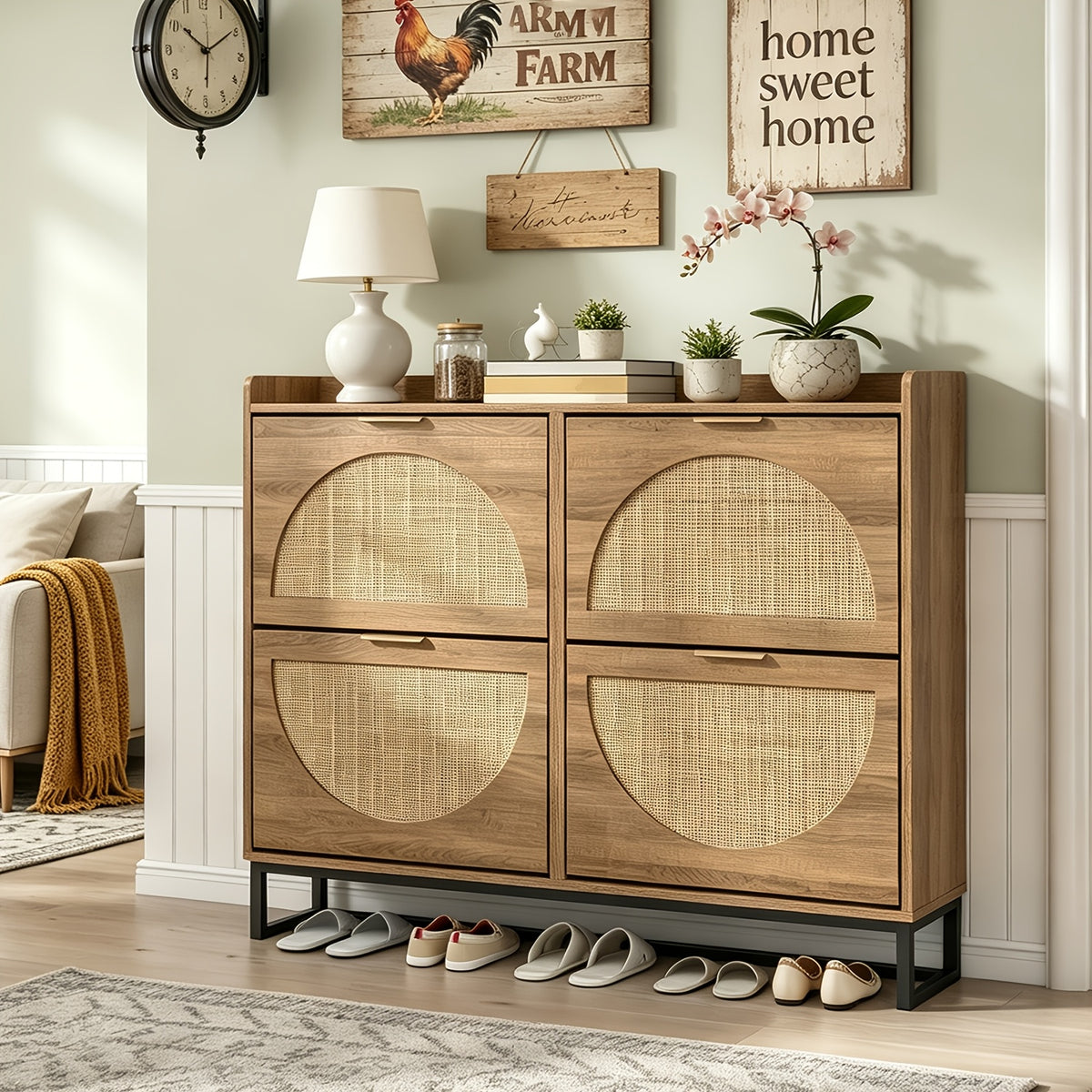Entryway Rustic Oak Rattan Shoe Storage Cabinet, 2/3/4 Flip Drawers Freestanding Narrow Shoe Organizer, Shoe Rack With Sturdy Metal Legs And Hidden Golden Handles, Space Saving Hidden Footwear Storage Furniture Perfect For Hallway Front Door Home De