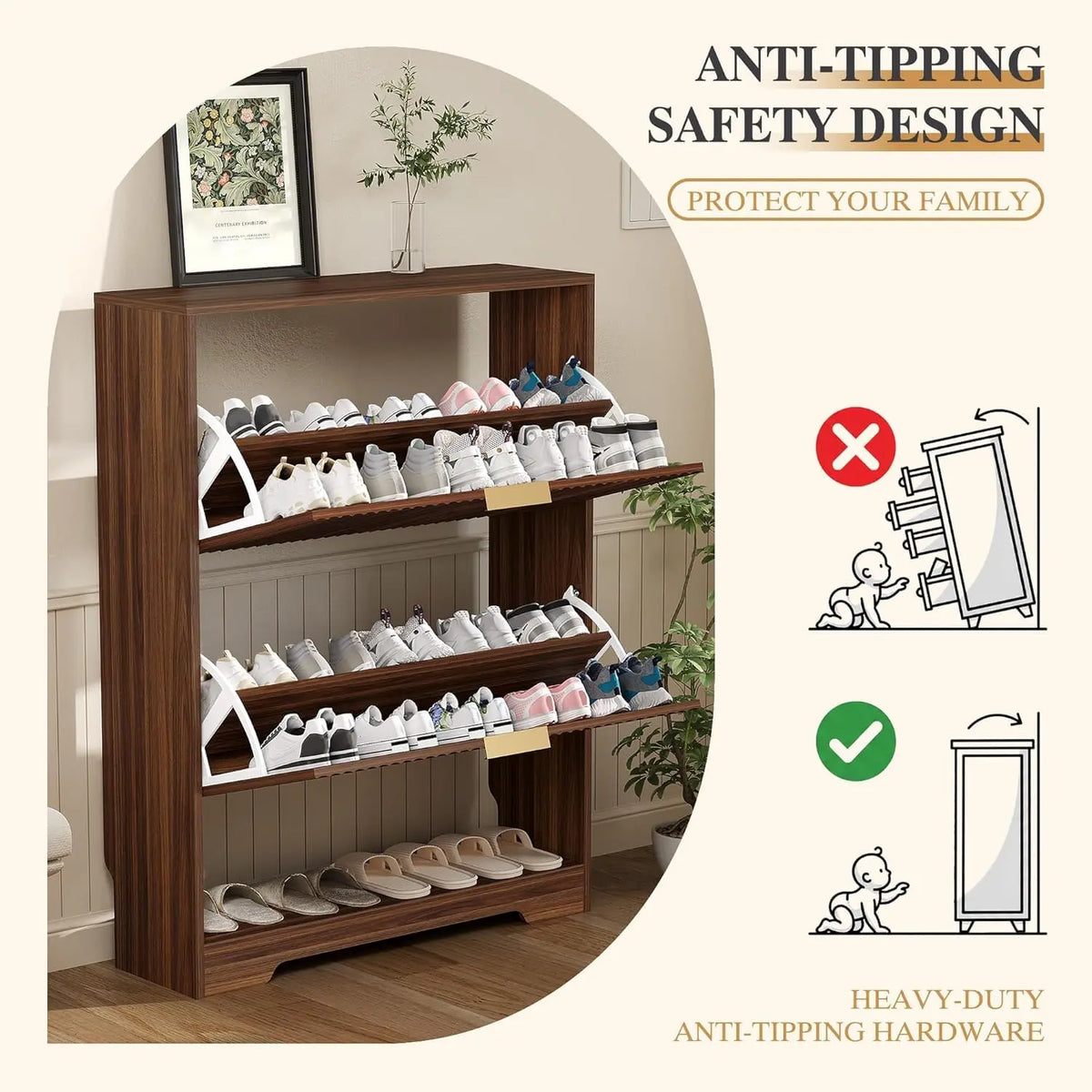 Slim Fluted Shoe Storage Cabinet, 2 Flip Drawers Shoe Rack Cabinet with Open Storage, Wooden Hidden Shoe Organizer Freestanding Narrow for Hallway, Entrance & Foyer