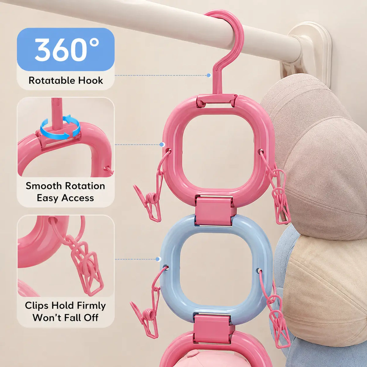 1 Count Hat Scarf Hanger Organizer, with 12 Non-marking Clips 360 Degree Rotatable Hook, for Closet Door Wardrobe Hanging Storage