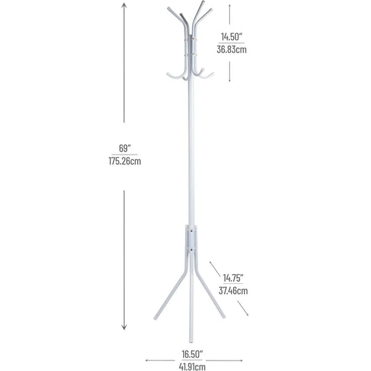 12-Hook Freestanding Clothes Rack - Modernist Look Stainless Steel Floor Standing Stand-Alone Coat Rack, Indoor Furniture Home Organizer for Coats, Hats, Jackets & Purses, Stainless Steel Coat Racks