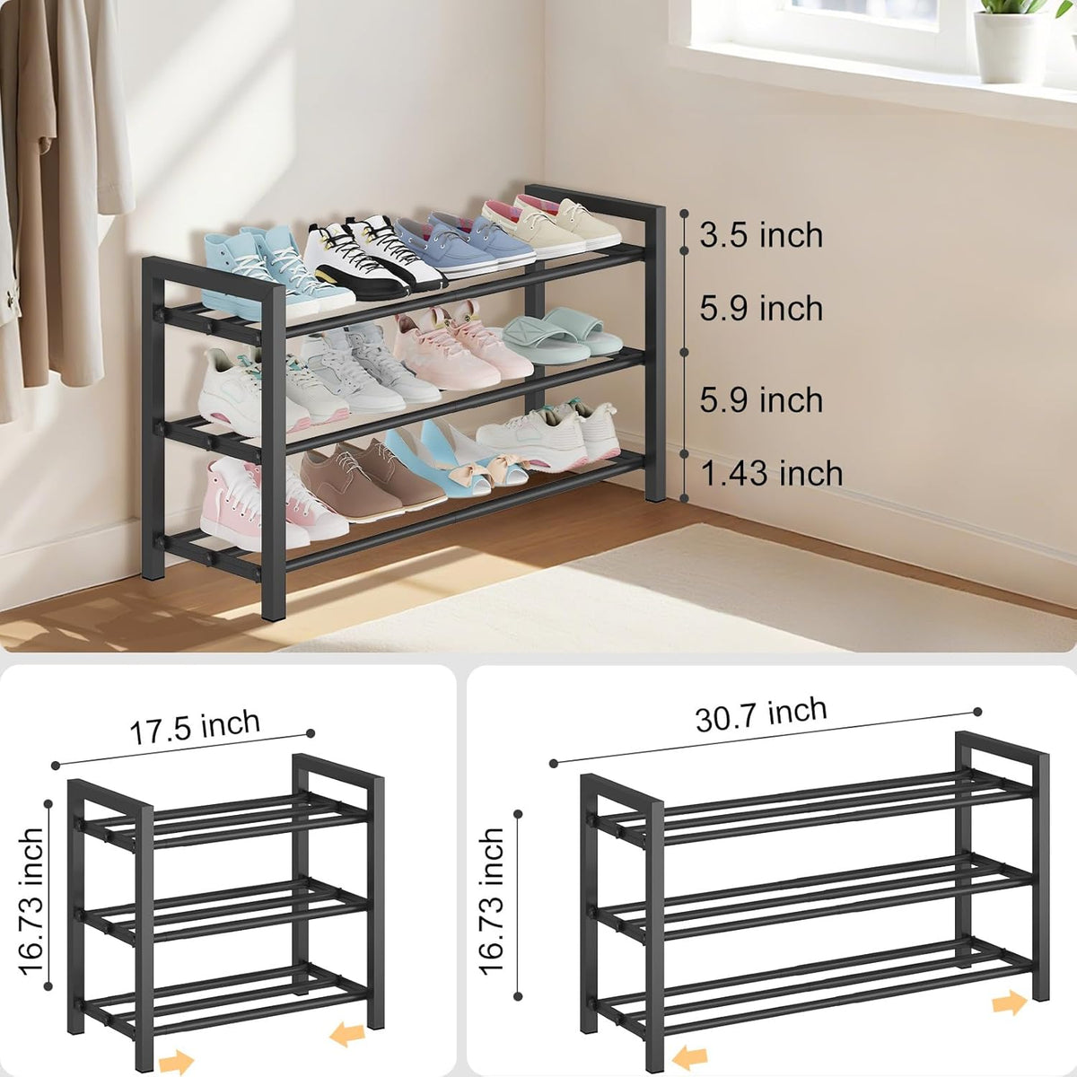 Heavy-Duty Expandable Shoe Rack | 3-Tier Adjustable Metal Shoe Organizer Shelf for Closet, Entryway, Mudroom & Garage - Durable Freestanding Storage, Black