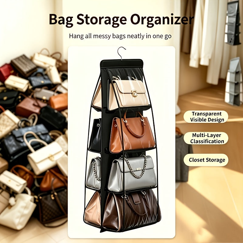 1pc Multi-Tier Handbag Organizer with 8 Pockets, Foldable Non-Woven Hanging Storage Rack, Space-Saving Closet Organizer for Handbags, Purses, And Additions, Durable Black And Gray Design