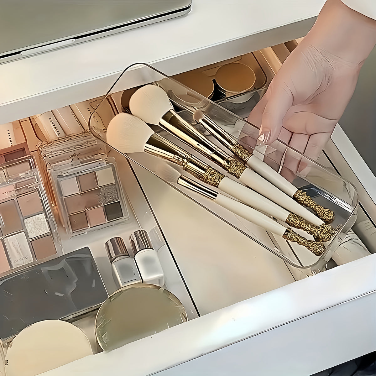 Bathroom Set of 5 Transparent Acrylic Drawer Organizers, Including Built-in Compartmentalized Organizers for Drawers, Countertop Storage Boxes, and Makeup Organizers. Ideal for Organizing and Storing Essentials, Cosmetics, Crafts, and Stationery.