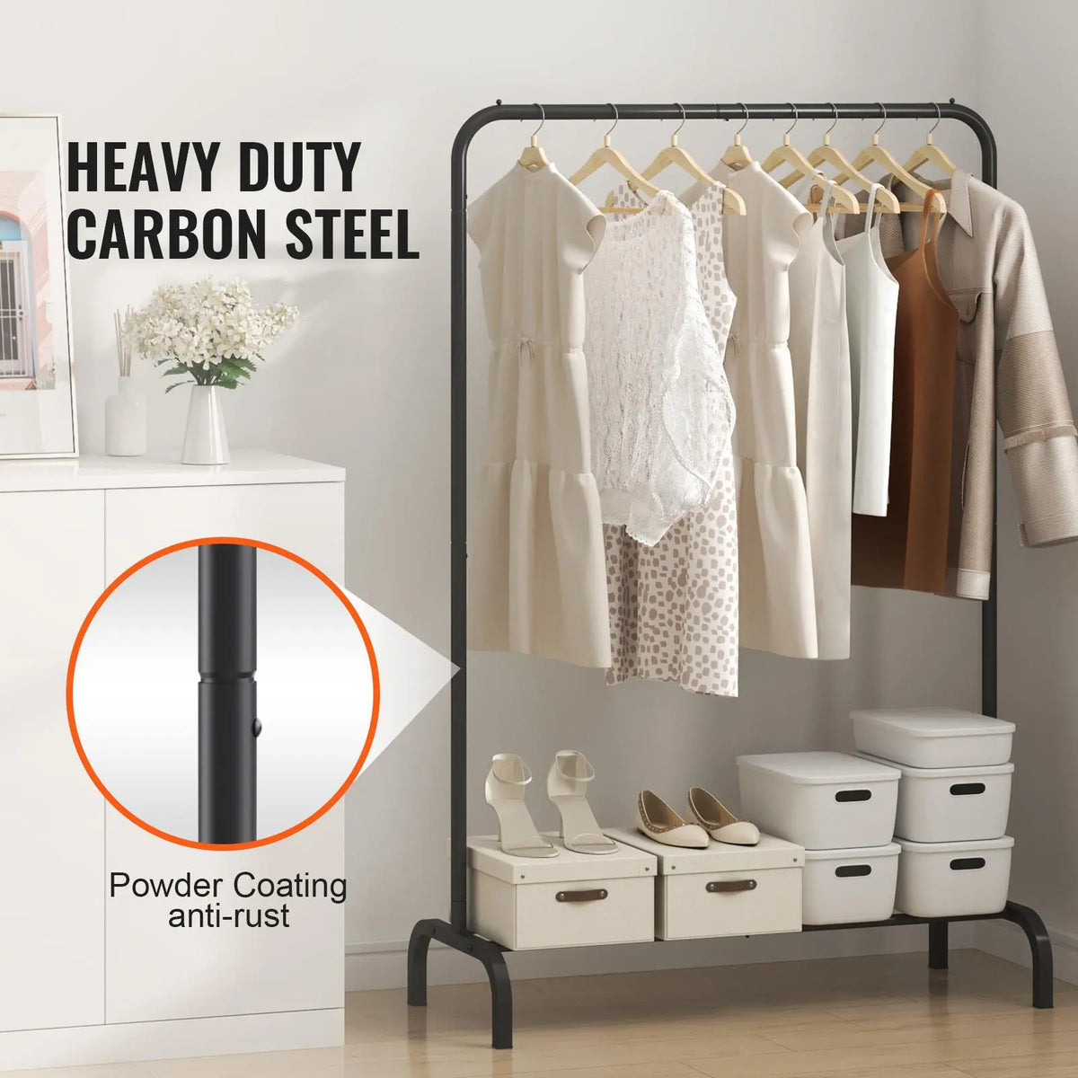 VEVOR Heavy Duty Carbon Steel Clothes Rack, Wardrobe Organizer with Hanging Rod & Bottom Storage Shelf, Stable U-Base Resists Wobbling Wobble-Free Garment Rack for Bedroom Laundry Room