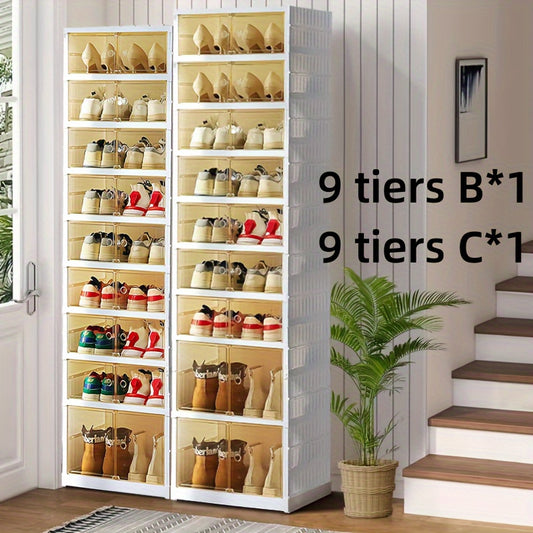 1pc/2pcs Clear Plastic Heavy-Duty Collapsible 9-Tier Shoe Cabinet Organizer - Foldable Stackable Shoe Rack with Shelves, Space-Saving Narrow Storage for Hallway, Apartment, Small Spaces - No Assembly Required (Shelves & Doors)