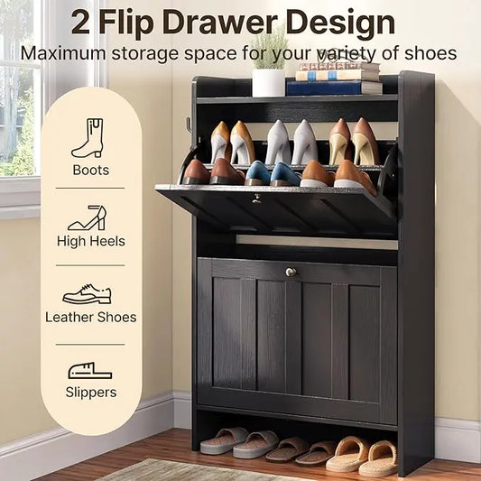 Gizoon Floor-Standing Shoe Rack Organizer - 2 Flip-Drawer Narrow Compartment Floor Cabinet, Dual-Compartment Shoe Storage for Entryway, Home Supplies Storage Holders & Racks,dorm essentials,home decor,dorm room inspo,college dorm essentials,dorm haul