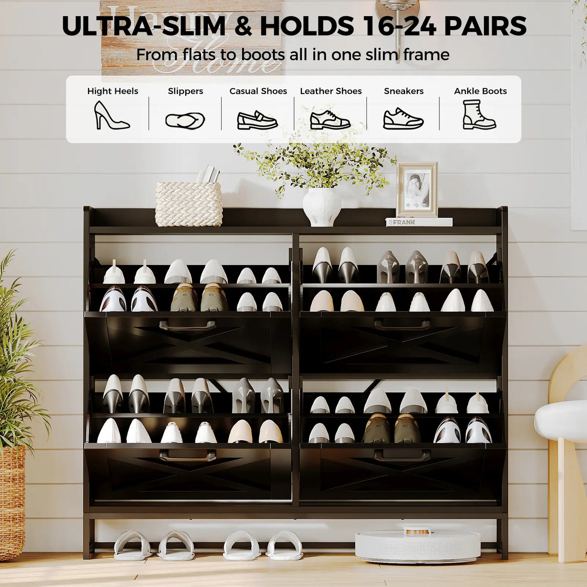 VOWNER 47.2" Farmhouse Shoe Storage Cabinet, 4 Flip Drawers for 24-32 Pairs, Narrow Hidden Shoe Rack With Metal Legs, Freestanding Wooden Shoe Organizer, For Entryway, Hallway or Living room