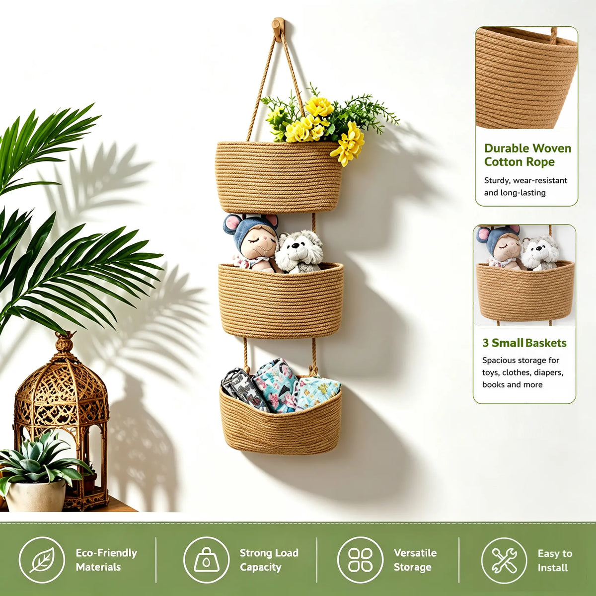 Woven Cotton 3-Tier Over-The-Door Wall-Mountable Storage Basket with Handles - 11in Home Accessory for Beauty & Daily Necessities Room Storage, French Country Organizer