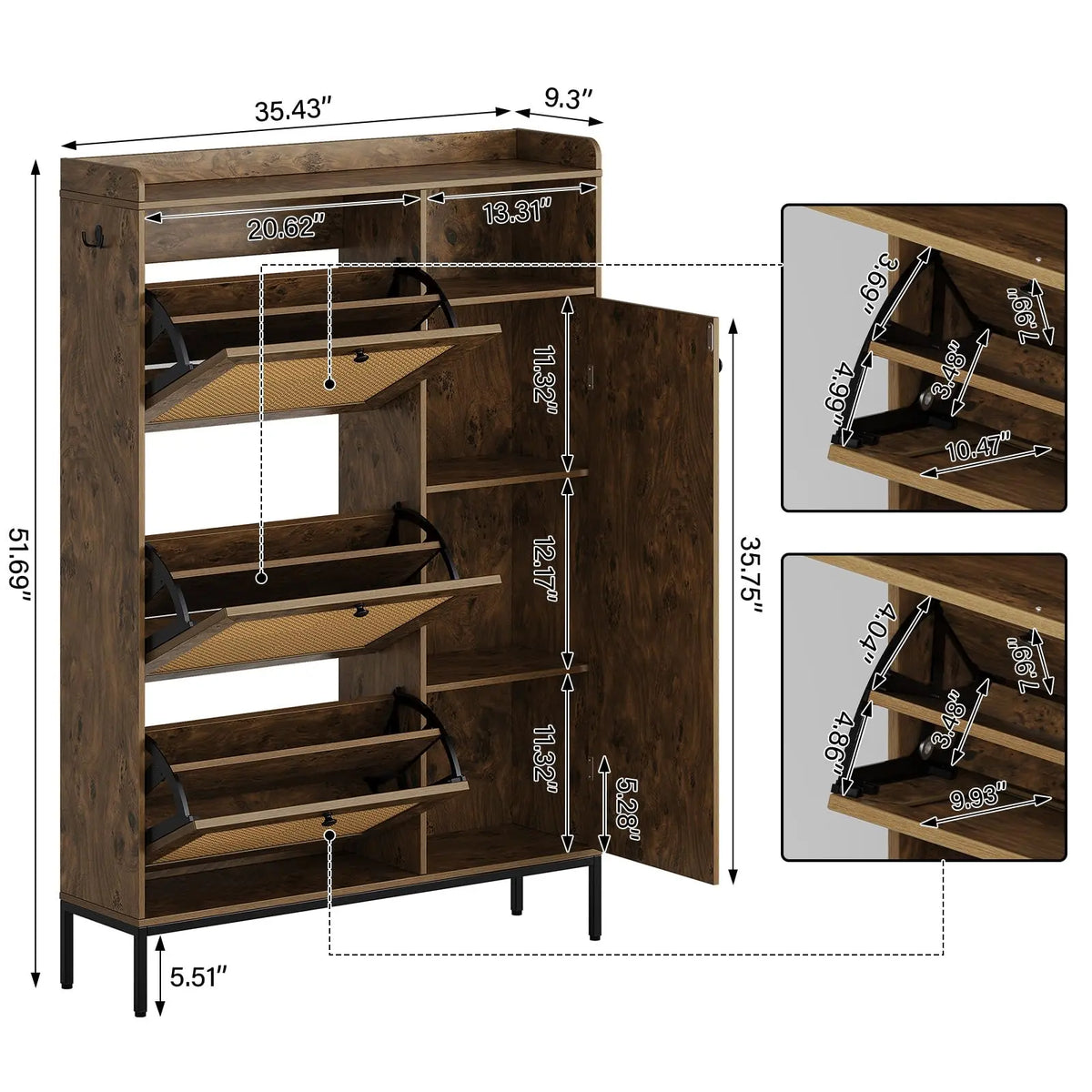 GARVEERattan Shoe Cabinet with 3 Flip-Up Doors and 4 Open Shelves, Natural Woven Storage Organizer for Entryway, Hallway, or Living Room, Holds 18-24 Pairs of Shoes